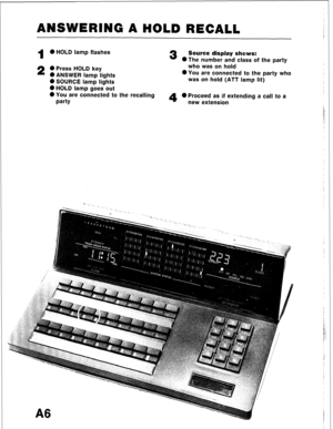 Page 17ANSWERING di HOLD RECALL 
1 
0 HOLD lamp flashes 3 Source display shows: 
0 The number and class of the party 
2 0 Press HOLD key who was on hold 
0 ANSWER lamp lights 0 You are connected to the party who 
0 SOURCE lamp lights was on hold (ATT lamp lit) 
0 HOLD lamp goes out 
0 You are connected to the recalling 
party 4 0 Proceed as if extending a call to a 
new extension  