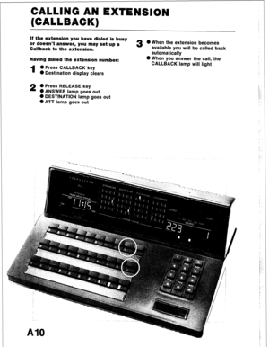 Page 21CALLING AN EXTENSION 
(CALLBACK) 
If the extension you have dialed is busy 
or doesn’t answer, you may set up a 
3 0 When the extension becomes 
Callback to the extension. available you will be called back 
automatically 
Having dialed the extension number: 
1 0 Press CALLBACK key 
0 Destination display clears 0 When you answer the call, the 
CALLBACK lamp will light 
2 0 Press RELEASE key 
0 ANSWER lamp goes out 
0 DESTINATION lamp goes out 
0 ATT lamp goes out  