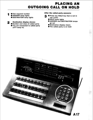 Page 28PLACING AN 
OlJTtiOlNG CALL ON HOLD 
1 
0 Dial required number After the called party answers: 
l ANSWER lamp lights 
0 DESTINATION lamp lights 3 0 Press any HOLD key that is not in 
use (unlit) 
0 HOLD lamp lights 
2 Destination display shows: 0 ANSWER and DESTINATION lamps 
0 Number and class of called party go out 
l You are connected to called party 0 Destination display clears 
(ATT lamp lit) 0 The called party is on hold  