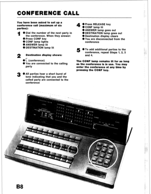 Page 42CONFERENCE CALL 
You have been asked to set up a 
conference call (maximum of six 
parties) : 
1 0 Dial the number of the next party in 
the conference. When they answer: 
0 Press CONF key 
0 CONF lamp lights 
@ANSWER lamp lit 
0 DESTINATION lamp lit 
2 Destination display shows: 
0 t (conference) 
0 You are connected to the calling 
party 
3 0 All parties hear a short burst of 
tone indicating that you and the 
called party are connected to the 
conference 
4 0 Press RELEASE key 
0 CONF lamp lit 
0...