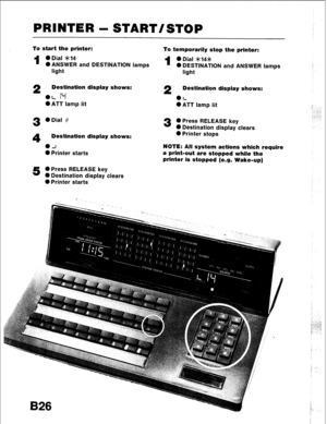 Page 58PRINTER -START/STOP 
To start the printer: 
1 0 Dial *14 
0 ANSWER and DESTINATION lamps 
light 
2 Destination display shows: 
.L r-l 
l ATT lamp lit 
3 0 Dial # 
4 Destination display shows: 
.A 
0 Printer starts 
5 0 Press RELEASE key 
0 Destination display clears 
0 Printer starts To temporarily stop the printer: 
1 0 Dial >1le 
0 DESTINATION and ANSWER lamps 
light 
2 Destination display shows: 
l L 
l 
ATT lamp lit 
; ..,.. 
: 
;.:,.T-:..’ .  . 
3 0 Press RELEASE key 
0 Destination display clears 
0...