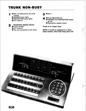 Page 68TRUNK NON-BUSY 
1 0 Dial >k9 followed by the trunk 
number 
l ANSWER lamp lights 
0 DESTINATION lamp lights 
OATT lamp lit 
2 Destination display shows: 
0 Trunk number 
l ATT lamp lit 
l You are connected to the trunk 
B36 3 
0 Dial # 
4 0 Press RELEASE key 
0 ANSWER and DESTINATION lamps 
go out 
0 Destination display clears 
Trunk is no longer busy 
NOTE: If trunk is assigned to a busy 
lamp number, then that lamp goes out.  