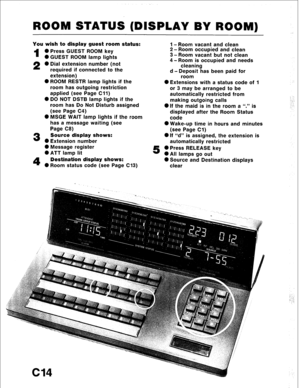 Page 86ROOM §TATlJS (DISPLAY BY ROOM) 
You wish to display guest room status: 
1 0 Press GUEST ROOM key 
0 GUEST ROOM lamp lights 
2 0 Dial extension number (not 
required if connected to the 
extension) 
0 ROOM RESTR lamp lights if the 
room has outgoing restriction 
applied (see Page Cll) 
0 DO NOT DSTB lamp lights if the 
room has Do Not Disturb assigned 
(see Page C4) 
0 MSGE WAIT lamp lights if the room 
has a message waiting (see 
Page C8) 
3 Source display shows: 
0 Extension number 
0 Message register...
