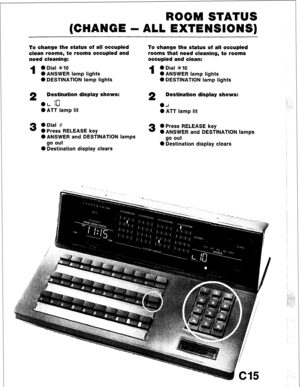 Page 87ROOM STATUS 
(CHANGE - ALL EXTENSIONS) 
To change the status of all occupied 
clean rooms, to rooms occupied and 
need cleaning: 
1 0 Dial *IO 
l ANSWER lamp lights 
0 DESTINATION lamp lights 
2 Destination display shows: 
.L K! 
l ATT lamp lit 
3 0 Dial # 
0 Press RELEASE key 
0 ANSWER and DESTINATION lamps 
go out 
0 Destination display clears To change the status of all occupied 
rooms that need cleaning, to rooms 
occupied and clean: 
1 0 Dial *IO 
0 ANSWER lamp lights 
0 DESTINATION lamp lights 
2...