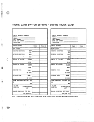 Page 111TRUNK CARD SWITCH SETTING - 
CIRCUIT REFERENCE NUMBERS 
TRUNK 1 
TRUNK 2 ::::::::::::::::::::::::::___..____=:I 
SHELF NUMBER __.____ ___I___- .______ _ ._.. _-__ ___.... 
CAR0 
SLOT NUMER __ _____ _ _____ -_I_- 
JRJNK CARO .___ -___-_.- . ..-.____ __-. 
VCOMING WINK 
NJTGOlNG WINK 
BAlXRYIGROUNO 
DID/TIE TRUNK CARD 
CIRCUIT REFERENCE NUMBERS 
TRUNK 1 
. . . . --._ . . . . 
TRUNK . ..-... - -.-- _- -....-...._ --._ . . . . . . . . 
2 .._.________. ;s.--.-y___re _____ __ __.___. 
SHELF NUMBER ..___ __-_-...