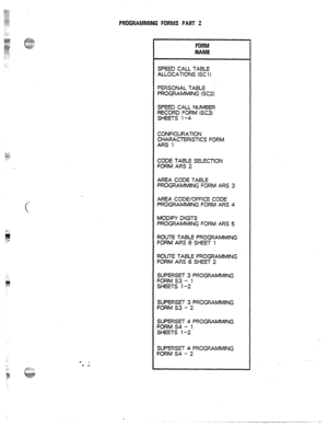 Page 142PROGRAMMING FORMS PART 2 
c 
FORM 
NAME 
SPEED CALL TABLE 
ALLOCATlONS (SC 1) 
PERSONAL TABLE 
PROGRAMMING (SC21 
SPEED CALL NUMBER 
RECORD FORM (SC31 
SHEETS 1-4 
CONFIGURATION 
CHARACTERISTICS FORM 
ARS 1 
CODE TABLE SELECTlON 
FORM ARS 2 
AREA CODE TABLE 
PROGRAMMING FORM ARS 3 
AREA CODWOFFlCE CODE 
PROGRAMMING FORM ARS 4 
MODIFY DIGITS 
PROGRAMMING FORM ARS 5 
ROUTE TABLE PROGRAMMING 
FORM ARS 6 SHE.Ei- 1 
ROUTE TABLE PROGRAMMING 
FORM ARS 6 SHEET 2 
;;LJXy 3 PROGRAMMING 
SHEETS t-2’ 
SUPERSET 3...