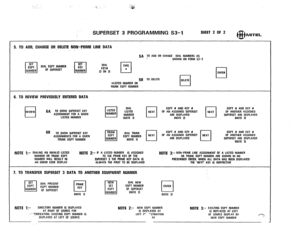 Page 190;.. ” 
‘. 
;:,. ,.‘;,,‘* 
SUPERSET 3 PROGRAMMING S3-1 SHEET 2 OF 2 MlTEt 
5. TO ADO, CHANGE OR,,OELETE NON-PRIME LINE DATA 
5A 
TO ADO OR CHANGE DIAL NUMBERS AS 
SHOWN ON FORM S3-2 
SET 
cl 
EOPI OlAl EQPT NUMBER SET 
cl KEY OIAL 
TYPE 
NUMBER OF SUPEASET 
NUMBER KEYU 
(2 OR 31 
El I( 
5fl TO DELETE 
cl DELETE 
*LISTED NUMBER OR 
TRUNK EOPT NUMBER 
cl 
ENTER 
I 
6. TO REVIEW PREVIOUSLY ENTERED DATA 
cl 
REVlEW 6A TO SHOW SUPERSET KEY LISTEO 
ASSIGNMENT FOR A GIVEN 
LISTED NUMBER 
cl 
DIAL 
cl EOPT II AND...