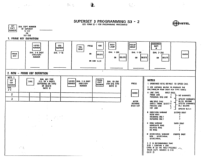 Page 192(.> 
; .,., : 
‘. .? I 
iik  : 
,I. ,, ‘. 
:, , 
DIAL EQPT NUMBER 
OF SUPEASET 
9-112 
OR 
161-256 
1. PRIME KEY’ DEFINITION 
PRIME 
cl KEY DIAL l-4 OIGIT DIAL 1-16 
DIRECTORY 
NUMBER 
SUPERSET 3 PROGRAMMING 53 - 2 (SEE FORM S3-1 FOR PROGRAMMING PROCEOURESI 
2. NON - PRIME KEY DEFiNlTlON 
TOLL 
q OENY PRESS 
OR COR 1,2,3 OIAL l-200 
OR 
cl DELETE 
Oft 
q 
OELETE  DIAL l-30 
I 
2-3 
I 
PRESS 
-I. cl 
ENTER 
I I I I I 
I 
3 
I 
I 
AFTER 
OEFINING 
EACH KEY 
. 
6B MITEL 
ANNOUNCE 
cl 
EQPT 
n 
DIAL 2-266...