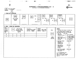 Page 211SUPERSET 3 PROGRAMMING S3 - 2 
DIAL EtlPT NUMBER 
OF SUPERSET 
g-112 OR 
161-256 
1. PRIME KEY DEFINITIDN 
[SEE FORM S?-I FOR PROGRAMMING PROCEDURES) 
, , :: Fi Fj pl PRESS m ‘m H ri 
PRIME DIAL l-4 DIGIT DIAL l-16 
KEY DIRECTORY 
NUMBER 
OR COR 1,2,3 
2. NON - 
PRIME KEY DEFINITION 
2-3 
2 
3 cl ENTEA 
AFTER 
DEFINING 
EACH KEY 
NOTES 
1. UNDEFINED KEYS DEFAULT TO SPEED CALL 
2. 
USE LISTINGS BELOW TO PRODUCE THE 
ONE,THREE,OR FOUR DIGIT KEY TYPE CODES 
A LINE TYPE FIRST DIGIT 
PRIME LINE I 
PERSONAL...