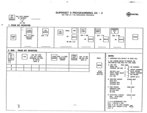 Page 212DIAL EOPT NUMBER 
OF SUPERSET 
9-112 
OR 
161-256 
1. PRIME KEY DEFINITION 
n 
PRIME 
KEY DIAL l-4 DIGIT 
DIRECTORY 
NUMBER DIAL 1-16 
SUPERSET 3 PROGRAMMING S3 - 2 (SEE FORM s3- i FOR PROGRAMMING PR~IXIIURES) 
I 
OR COR 1.2.3 
2. NON - 
PRIME KEY DEFINITION 
DIAL l-200 
OR 
cl DELETE PICKUP 
q GROUP 
DIAL I-30 
OR 
cl DELETE 
3 AFTER 
DEFINING 
EACH KEY ANNOUNCE 
cl 
EQPT 
II 
DIAL 2-256 
OR 
cl OELETE 
@ MITEL 
0 
ENTER 
NOTES 
1. UNOEFINEO KEYS DEFAULT TO SPEEO CALL 
2. USE LISTINGS BELOW TO PRODUCE...