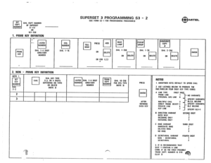Page 218SET 
q 
EOPT OIAL EOPT NUMBER 
NUMBER OF SUPEASET 
g-112 
OR 
161-256 
1. PRIME KEY DEFINITION 
. 
. 
t 1 
LISTED 
cl NUMBER 
PRIME 
cl DIAL l-4 DIGIT 
KEY DIRECTORY 
NUMBER DIAL l-16 
. 
I I 
2. NON - PRIME KEY DEFINITION 
cl 
TYPE DIAL KEY TYPE 
11.3. OR 4 DIGITS 
DEPENDING ON TYPE] 
OR DELETE 
[NOTE 21 
SUPERSET 3 PROGRAMMING 53 - 2 [SEE FORM s3-1 Fott PROGRAMMING PROCEOURES) 
OR COR 1.2.3 
Y, DIAL l-200 
DIAL l-30 
OR lo;;;;l OR H 
I 
TRUNK 
cl 
EOPT DIAL lo-256 
NUMBER FOR DQ TYPE 
UNITE 31 PRESS...