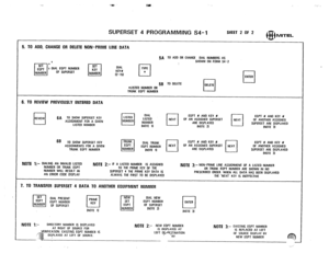 Page 223SUPERSET 4 PROGRAMMING 54-l SHEET 2 OF 2 
@ MITEL 
5. TO ADD, CHANGE OR DELETE NON-PRIME LINE DATA 
5A 
TO AOD Ott CHANGE DIAL NUMBERS AS 
L SHOWN ON FOAM S4-2 
cl L 
Esdp’r t OIAL EOPT NUMBER SET 
NUMBEA OF SUPEASET 
cl KEY DIAL 
TYPE 
NUMBER KEY# 
II 
(2- 151 
q 
5B TO OELETE 
q q 
ENTER 
DELETE 
*LISTED NUMBER OR 
TRUNK EOPT NUMBER 
6. TO REVIEW PREVIOUSLY ENTERED DATA 
q 
6A TO SHOW SUPERSET KEY LISTED 
cl DIAL EOPT Y AND KEY U 
REVIEW 
ASSIGNMENT FOR A GIVEN NUMBER LISTEO 
NEXT OF AN ASSIGNED...