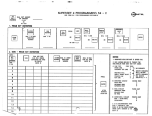 Page 231SUPERSET 4 PROGRAMMING S4 - 2 ISEE FORM S4-1 FOR PROGRAMMING PROCEDlJRESl @ MITEL OIAL EOPT NUMBEA 
OF SUPERSET 
9-112 
OR 
161-256 
1. PRIME KEY DEFINITION 
*- 
I r-l  I 1 
LISTED 
NUMBER 
DIAL 1-16 DIAL l-200 
OR 
q 
DELETE PICKUP 
q GROUP 
DIAL l-30 
OR 
q 
DELETE q 
ENTER  DIAGGIT 
DIRECTORY 
NUMBER DIAL 2-256 
OR 
q 
DELETE I J 
OR COR 1.2.3 
2. NON - PRIME KEY DEFINITION 
DIAL lo-256 
FOR OTS TYPE 
1~0~E.3) NOTES 
1. UNDEFINED KEYS DEFAULT TO SPEED CALL 
2. USE LISTINGS BELOW TO PRODUCE THE...