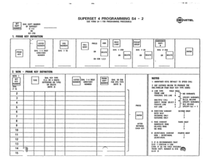 Page 235SUPERSET 4 PROGRAMMING S4 - 2 (SEE FORM S4 - 1 FOR PROGRAMMING PAOCEOURESl 
DIAL EOPT NUMBER 
OF SUPERSET 
g-112 
OR 
161-256 
1. PRIME KEY DEFINITION 
l-l 
PRIME 
KEY 
I 
L 
t 1 
LISTED 
El NUMBER 
DIAL l-4 DIGIT 
DIRECTORY 
NUMBER 
2. NON - PRIME KEY DEFINITION 
NOTE 1 
4 
5 
6 
7 
8 
9 
10 
cos 
q NUMBER 
DIAL 1-16 ADO p-1 PRESS ri 
OR 
DELETE 
OR COR 1,2,3 DIAL l-200 PICKUP 
cl GROUP 
DIAL l-30 
OR 
cl DELETE 
6B MITEL 
ANNOUNCE 
cl 
EOPT 
II 
DIAL 2-256 
ENTER 
OR 
q 
DELETE cl 
I 
cl 
DIAL KEY TYPE...