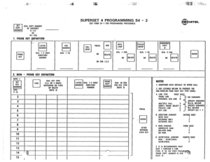 Page 239SUPERSET 4 PROGRAMMING S4 - 2 IsEE Fonrd s4-1 Fofl PROGRAMMING P~~~CEOURES) 
OIAL EOPT NUMBER 
OF SUPERSET 
9-112 
lxl 
-.. 161-256 
1. PRIME KEY PEFINITION 
l-l 
PRIME 
KEY DIAL l-4 DIGIT 
DIRECTORY 
NUMBER 
2. NON - PRIME KEY DEFINITION 
DIAL l-16 PRESS 
cl All0 
OR 
q 
DELETE 
OR COR 1.2.3 BUSY 
cl LAMP 
DIAL l-200 
OR DIAL l-30 
OR 
cl DELETE 
:$gGgf@ .;,’ j:::.” ._. 
. . , , . 
. ..- , ._, ,._ 
. . . . . . . -.._._. 
ANNOUNCE 
cl 
EQPT 
n 
DIAL Z-266 
OR 
@ MITEL 
r-l ENTER 
8 
PRESS 
r ENTER 
NOTES...