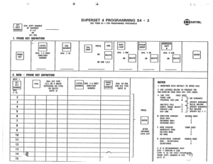 Page 245,.& ;,& 
DIAL EQPT NUMBER 
OF SUPEASET 
9-112 
161-256 
1. PRIME KEY DKFINITION 
DIAL l-4 OIGIT 
DIRECTORY 
NUMBER DIAL l-16 
SUPERSET 4 PROGRAMMING S4 - 2 (SEE FORM SJ- 1 FOR PROGRAMMING PROCEDURES) 
I I 
OR COR 1.2.3 OIAL l-200 DIAL l-30 
OR Fi OR H 
I 
2. NON - PRIME KEY DEFINITION 
I 
14 ,./’ :  , ..i 
3 a 
15 I,.,. 
----r--F- 
PRESS 
cl ENTER 
AFTER 
OEFINING 
EACH KEY 
@ MITEL 
ANNOUNCE 
El 
EDPT 
n 
OlAl 2-256 
cl ENTER 
OR 
NOTES 
1. UNOEFINEO KEYS OEFAULT TO SPEEO CALL 
2. USE LISTINGS BELOW TO...