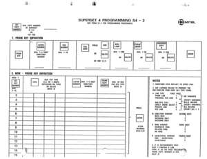 Page 249SET 
q 
EOPT DIAL EOPT NUMBER 
NUMBER OF SUPERSET 
g-112 
161-256 
1. PRIME KEY I JEfINITION 
PRIME 
u KEY DIAL l-4 OIGIT 
DIAL I-16 
DIRECTORY 
NUMBER 
2. NON - PRIME KEY DEFINITION 
SUPERSET 4 PROGRAMMING S4 - 2 (SEE FORM S4- 1 FOR PROGRAMMING PROCEDURES) 
OR COR 1.2.3 BUSY 
cl LAMP 
OIAL t-200 
OR DIAL l-30 
OR 
cl DELETE 
8 
9 
10 
11 
12 
13 I I--- 
ANNOUNCE 
cl 
EOPT 
u 
OIAL 2-256 
OR 
cl OELETE 
6B MITEL 
cl 
ENTER 
NOTES 
I. UNOEFINEO KEYS OEFAULT TO SPEED CALL 
2. USE LISTINGS BELOW TO PROOUCE...