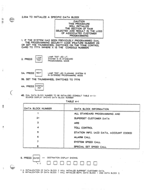 Page 642.004 TO INiilALlZE A SPECIFIC DATA BLOCK 
CAUTION 
THIS PROCEDURE 
WILL INITlALlZE 
THE SECTION OF RAM 
SELECTED AND RESULT IN THE LOSS 
OF ASSOCIATED CUSTOMER 
PROGRAMMING 
1. IF THE SYSTEM HAS BEEN PREVIOUSLY PROGRAMMED DIAL 
THE PROGRAMMING SECURIN CODE (FEATURE NUMBER 29) 
OR SET THE THUMBWHEEL SWITCHES ON THE TONE CO’NTROL 
CAR0 TO 777X (WHERE X IS THE CONSOLE NUM8ERt 
LAMP 
cl 
LAMP TEST LED LIT. 
2. PRESS TEST SYSTEM IS IN STANDARD 
PROGRAMMING. MODE 
3~. PRESS NEXT 
cl LAMP TEST LED FLASHING...