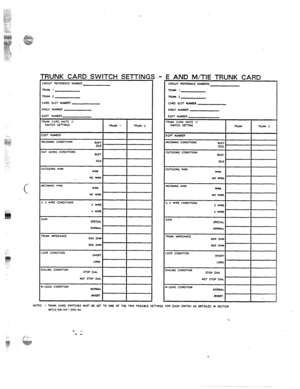 Page 93., 
g 
:.:.. 
j: 
CIRCUIT REFEREhCE NUMBER 
TRUNK 1 
TRUNK 2 
CAR0 SLOT NUM0ER 
SHELF NUMBER 
EaPT. NUMBER 
E AND M/TIE TRUNK CARD 
CIRCUIT REFEREWCE NUYeERS 
TRU)IK 1 
TRutKt 
URO SLOT RUMBER 
SHELF NUMBER 
EQPT NUMBER 
NOTES 1 TRUNK CARD SWITCHES MUST BE SET TO ORE OF THE TWO POSSl9LE SETTING.5 FOR EACH SWITCH AS OETAILEO A SECTION 
WITL9 108-09 I- ZOO-Nb 
. 
._ ._  