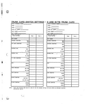 Page 97--. ,-..a - a-- 1 I... --I. a--.-*-- l KUNK UAKU SWI IL-i-i Sit I liNtiS 
CAR0 SLOT MJYBER 
SHELF HUYBER 
LONG 
2ALlNG CON0lTl0N 
STOP OIAL 
NOT slop DIAL 
I-LEA0 coNonlon 
RORYAL 
1NvERT 
E AND M/TIE TRUNK CARD 
CIRCUIT REFERENCE NUMBERS 
TRUNK I 
TRUNK 2 
CAR0 SLOT NUMBER 
SHELF NUMBER 
EQPT NUMBER 
TRUNK CAR0 (NOTE 11 
SWWH SmlNG 
TRunr TRUNK 2 
EC@1 NUMBER 
I 
INCOMING c0N0lTf0NS BUSY 
I 
IDLE 
OUTGOING CONOiTlONS 
BUSY 
OUTGOlNc WlNK 
WlNK 
NO 
WINK 
INcoMINc WINK 
. 
WINK 
NO 
WINK I 
I 2:4 WIRE...