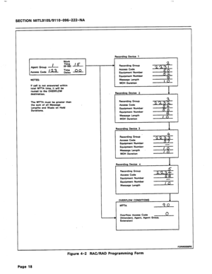 Page 26SECTION MITL9105/911 O-096-222~NA 
Work 
I 
Agent Group - g;cg, L 
Access Code J 2’ 
E: AxL 
NOTES 
If call is not answered within 
total MlTA time, it will be 
routed to the OVERFLOW 
destination. 
The MlTA must be greater than 
the sum of all Message 
Lengths and Music on Hold 
Durations. Recording Device 1 
+ Recording Group 
Access Code 
Equipment Number 
5 
Equipment Number 5: 
Message Length 
MOH Duration A 
Recording Device 2 
I 
Recording Group -4 
Access Code 
2232 
Equipment Number 
Equipment...