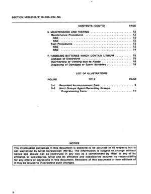 Page 34-. 
SECTION MITL9105/911 O-096-224-NA 
CONTENTS (CONT’D) PAGE 
6. MAINTENANCE AND TESTING ......................... 
12 
Maintenance Procedures ............................ 
12 
RAC 
........................................... 12 
RAD 
........................................... 12 
Test Procedures ................................... 
12 
RAC ........................................... 
12 
RAD ........................................... 14 
7. HANDLING BATTERIES WHICH CONTAIN LITHIUM .......... 15...