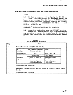 Page 81SECTION MITL9105/911 O-096-227-NA 
5. INSTALLATION, PROGRAMMING, AND TESTING OF MODEM LINES 
General 
5.01 This Part is concerned with configuring the SX-100’ or 
SX-200@ PABX when equipped with Associated Modem Line 
Feature to take advantage of the data features. For PABX installation 
and programming information, refer to the Installation and Program- 
ming sections, MITLS 105/9 11 O-096-200-NA and 
MITL9105/91 lo-096-210-NA. 
SUPERSET qTM Equipment Port/Modem Line Association 
5.02 In Associated...