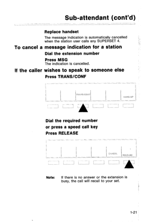 Page 24Sub-attendant (cont’d) 
The message indication is automatically cancelled 
when the station user calls any SUPERSET 4. 
message indication for a station 
Dial the extension number 
Press MSG 
:., 
To cancel a 
If the caller 
The indication is cancelled. 
wishes to speak to someone else 
Press TRANWCONF 
Note: If there is no answer or the extension is 
busy, the call will recall to your set. 
1-21  