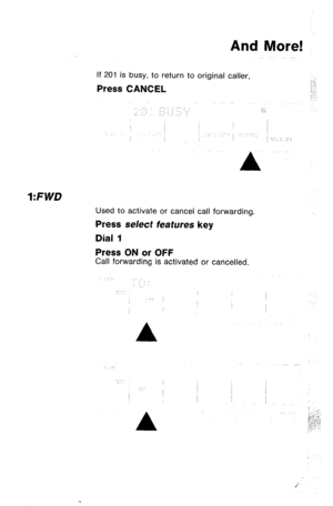 Page 46And More! 
If 201 is busy, to return to original caller, 
Press CANCEL 
:. .: : 
,.. : : 
l:FWD 
Used to activate or cancel call forwarding. 
Press select features key 
:-.! 
; :.: 
:.. : 
.:.. 
Dial 1 
Press ON or OFF 
Call forwarding is activated or cancelled. 
A  