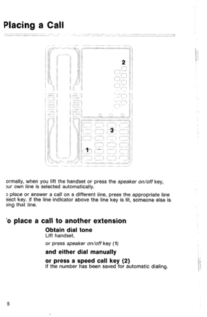 Page 56Placing a Call 
ormally, when you lift the handset or press the speaker on/off key, 
)ur own line is selected automatically. 
3 place or answer a call on a different line, press the appropriate line 
?lect key. If the line indicator above the line key is lit, someone else is 
sing that line. 
‘o place a call to another extension 
Obtain dial tone 
Lift handset, 
or press speaker on/off key (1) 
and either dial manually 
or press a speed call key (2) 
if the number has been saved for automatic dialing. 
6  