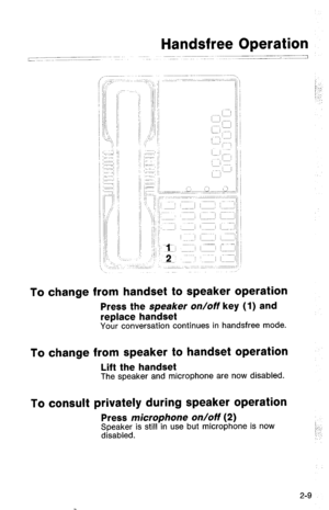 Page 59To change from handset to speaker operation 
Press the speaker on/off key (1) and 
replace handset 
Your conversation continues in handsfree mode. 
To change from speaker to handset operation 
Lift the handset 
The speaker and microphone are now disabled. 
To consult privately during speaker operation 
Press microphone on/off (2) 
Speaker is still in use but microphone is now 
disabled. i”:. 
: ‘: 
2-9  