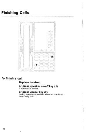 Page 62Finishing Calls 
To finish a call 
Replace 
handset 
or press speaker on/off key (1) 
if speaker is in use. 
or press cancel key (2) during speaker operation when no one is on 
temporary hold. 
12  