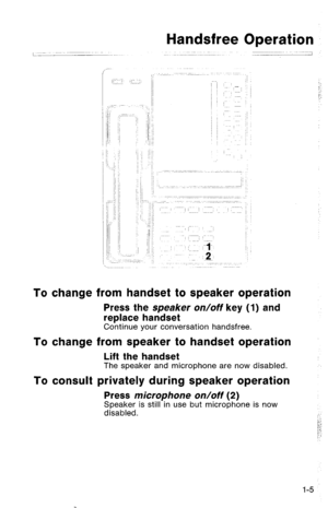 Page 8Handsfree Operation 
To change from handset to speaker operation 
Press the speaker on/off key (1) and 
replace handset 
Continue your conversation handsfree. 
To change from speaker to handset operation 
Lift the handset The speaker and microphone are now disabled. 
To consult privately during speaker operation 
Press microphone on/off (2) Speaker is still in use but microphone is now 
disabled.  
