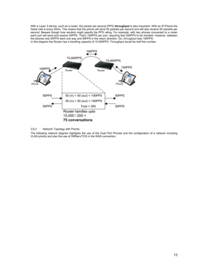 Page 1313
With a Layer 3 device, such as a router, the packet per second (PPS) throughput is also important. With an IP-Phone the
frame rate is every 20ms. This means that the phone will send 50 packets per second and will also receive 50 packets per
second. Beware though how vendors might specify the PPS rating. For example, with two phones connected to a router
each port will send and receive 50PPS. That’s 100PPS per port, requiring that 200PPS to be handled. However, between
the phones only 50PPS went one...
