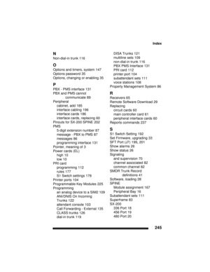 Page 255Index
245
N
Non-dial-in trunk 116
O
Options and timers, system 147
Options password 35
Options, changing or enabling 35
P
PBX - PMS interface 131
PBX and PMS cannot 
communicate
 89
Peripheral
cabinet, add 185
interface cabling 196
interface cards 186
interface cards, replacing 60
Pinouts for SX-200 SPINE 202
PMS
5-digit extension number 87
message - PBX to PMS 87
messages 86
programming interface 131
Pointer, meaning of 3
Power cards (EL)
high 10
low 10
PRI card
programming 112
rules 177
S1 Switch...