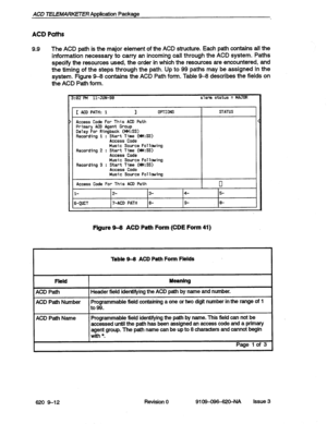 Page 114ACD TELEMARKETER Application Package 
ACD Paths 
9.9 The ACD path is the major element of the ACD structure. Each path contains all the 
information necessary to carry an incoming call through the ACD system. Paths 
specify the resources used, the order 
in which the resources are encountered, and 
the timing of 
the steps through the path. Up to 99 paths may be assigned in the 
system. Figure Q-8 contains the ACD Path form. Table Q-8 describes the fields on 
the ACD 
Path form. 
3:82 F’M ll-JUN-98 alarm...