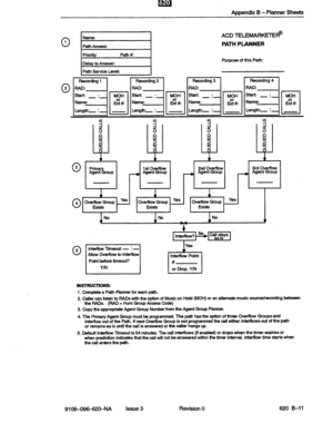 Page 137Appendii B - Planner Sheets 
0 
Name: ACD TELEMARKET& 
1 Path Access: PATH PLANNER 
Priority: Path #: 
Delay to Answer: Purpose of this Path: 
Path Service Level: 
No No No 
-I- 
INSTRUCTIONS: 
1. Complete a Path Planner for each path. 
2. Caller can listen to RADs with the option of Music on Hold (MOH) or an alternate music source/recording between 
the RADs. (RAD = Hunt Group Access Code) 
3. Copy the appropriate Agent Group Number from the Agent Group Planner. 
4. The Primary Agent Group must be...