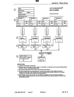 Page 141Appendix B - Planner Sheets 
0 1 
0 2 
ACD TELEMARKETEe 
PATH PLANNER 
Purpose of 
this Path: 
Y 3 I? Y 
E P 
3 
2 2 z 
i 
4 4 4 
0 3 Prim 
a73 1 st Overflow 2nd Overflow 3rd Overtlow 
Agent roup _ Agent Group - Agent Group - Agent Group 
0 Overflow Group Yes 4 Exists Exists Exists 
1 
No 
v 
T 
I Intemow? 
0 5 Interflow Timeout: - : - 
Allow Overflow to Interflow 
Point before timeout2 
I Y/N 
lntem0w Point: 
# 
or Drop. Y/N 
INSTRUCllONS: 
1. Complete a Path Planner for each path. 
2. Caller cab listen...