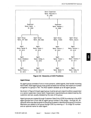 Page 166ACD TELEMARKETER Feature 
Senior Supervisor 
Name: Reynolds G 
ID: 4400 
Supervisor 
Supervisor 
Name: Godin 
L. Name: Wallace J. 
ID: 2200 
ID: 3300 
Agent Group 
Name: AN Sale 
Agent 
Name: Nantel S. 
ID: 2210 Agent Group 
Name: Ret-class 
Agent 
Name: Peters J. 
ID: 2215 Agent Group 
Name: Tickets 
Agent 
Name: Gilmour J. 
ID: 3310 Agent Group 
Name: Inquiry 
Agent 
Name: Gilmour J. 
ID: 4410 
Agent 
Name: M iddleton Agent 
Name: McKay A. 
ID: 2216 Agent 
Name: Proctor L. Agent 
Name: Hendron T....