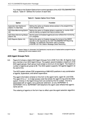 Page 173ACD TELEMARKETER Application Package 
Four fields on the System Options form control operation of the ACD TELEMARKETER 
feature. Table 9-1 defines the function of each field. 
Table 9-1 System Option Form Fields 
Option Function 
Automatic Call Distribution Setting this option to Enabled allows access to the programming 
(Option 
41) See Note. forms related to ACD. 
ACD Silent Monitoring (Option Setting this option to Enabled allows a supervisor to monitor ACD 
42) calls by dialing a programmed feature...