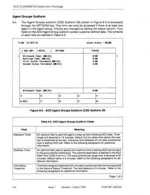 Page 175ACD TELEMARKETER Application Package 
Agent Groups Subform 
9.4 The Agent Groups subform (CDE Subform 39) shown in Figure 9-3 is accessed 
through the OPTIONS key. This form can only be accessed if there is at least one 
agent in the agent group. Entries are changed by editing the status column. Four 
fields on the ACD Agent Group subform contain customer-defined data. The contents 
of each field are defined in Table 9-3. 
__ ^L 
ii :UL 2i-DEC-94 aiann status = HRJUii 
[ ACD GRP: 1 MITEL ] OPTIONS...