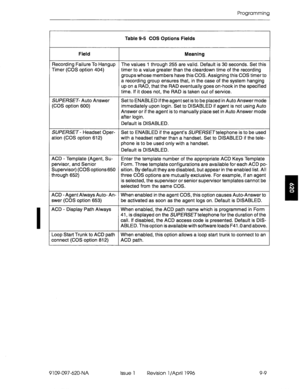 Page 180Programming 
Table 9-5 COS Options Fields 
Field 
Meaning 
Recording Failure To Hangup The values 1 through 255 are valid. Default is 30 seconds. Set this 
Timer (COS option 404) timer to a value greater than the cleardown time of the recording 
groups whose members have this COS. Assigning this COS timer to 
a recording group ensures that, in the case of the system hanging 
up on a RAD, that the RAD eventually goes on-hook in the specified 
time. If it does not, the RAD is taken out of service....