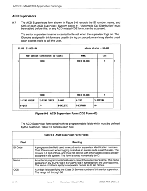 Page 181ACD TELEMARKETER Application Package 
ACD Supervisors 
9.7 The ACD Supervisors form shown in Figure 9-6 records the ID number, name, and 
COS of each ACD Supervisor. System option 41, “Automatic Call Distribution” must 
be enabled before this, or any ACD related CDE form, can be accessed. 
The senior supervisor’s name is carried to the set when the supervisor logs on. The 
ID codes assigned in this form are used in the log on procedure and may also be used 
as an access code to call the user. 
11:03...