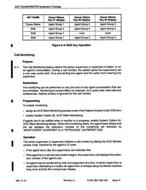 Page 60ACD TELEMARKETER Application Package 
KEYNAME 
Queue Status Queue Status Queue Status 
Key #l display Key #2 display 
Agent Group 1 Agent Group 2 Queue Status 
Key #3 display 
Agent Group 3 
Stlll 
Shii 
Shift Agent Group 
4 
Agent Group 7 
Agent Group 
1 Agent 
Group 5 
Agent Group 
6 
none none 
Agent 
Group 2 
Agent Group 
3 
I Figure 6-9 Shift Key Operation 
Call Monitoring 
I. 
Purpose 
6.11 
The Call Monitoring feature allows the senior supervisor or supervisor to listen-in on 
an agent’s...