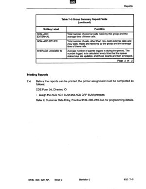 Page 67m . 8 
Reports 
Table 7-3 Group Summary Report Fields 
(continued) 
Softkey Label 
NON-ACD 
EXTERNAL 
NON-ACD OTHER Function 
Total number of external calls made by this group and the 
average time of these calls. 
Total number of calls, other than non-ACD external calls and 
ACD calls, made and received by the group and the average 
time of these calls. 
AVERAGE LOGGED IN Average number of agents logged in during the 
period. The 
number logged in is calculated every time that the queue 
status keys are...