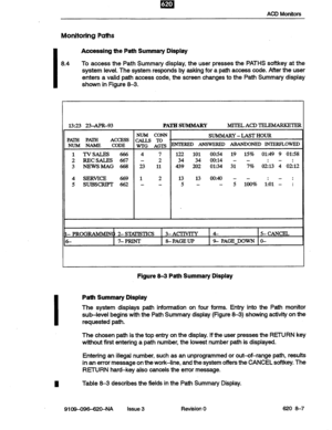 Page 77Ea . I 
ACD Monitors 
Monitoring Paths 
I 
Accessing the Path Summary Display 
8.4 
To access the Path Summary display, the user presses the PATHS softkey at the 
system level. The system responds by asking for a path access code. After the user 
enters a valid path access code, the screen changes to the Path Summary display 
shown in Figure 8-3. 
l3:23 23-APR-93 PATHSUMMARY IvlTIELACD TELEMARKETER 
PAI?H Pm ACCESS 
NUM NAME CODE 
1 TVSALES 666 
2 RECSALES 667 
3 NEWSMAG 668 
4 SERVICE 669 
5 SUB!XXPT...