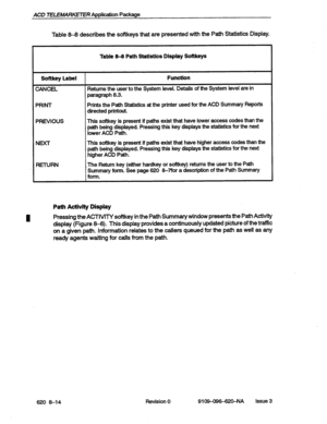 Page 84ACD 77XEhMRKETER Application Package 
Table 8-8 describes the softkeys that are presented with the Path Statistics Display. 
Table 8-8 Path StatlstScs Display Softkeys 
Softkey Label Function 
CANCEL Returns the user to the System level. Details of the System level are in 
paragraph 8.3. 
PRINT Prints the Path Statistics at the printer used for the ACD Summary Reports 
directed printout. 
PREVIOUS This softkey is present if paths exist that have lower access codes than the 
path being displayed. Pressing...