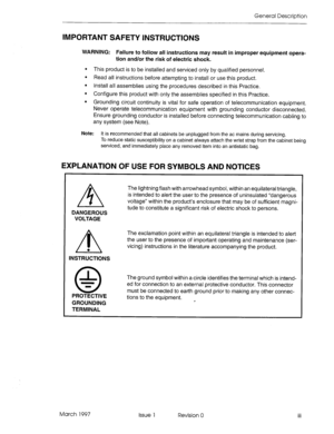 Page 11General Description 
IMPORTANT SAFETY INSTRUCTIONS 
WARNING: Failure to follow all instructions may result in improper equipment opera- 
tion and/or the risk of electric shock. 
. This product is to be installed and serviced only by qualified personnel. 
. Read all instructions before attempting to install or use this product. 
l Install all assemblies using the procedures described in this Practice. 
l Configure this product with only the assemblies specified in this Practice. 
l Grounding circuit...