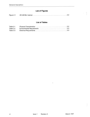 Page 14General Description 
List of Figures 
Figure 2-l SX-200 ML Cabinet . . . . . . . . . . . . . . . . . . . . . . . . . . . . . . . . . . . . . . . . .2-2 
List of Tables 
Table 2-l 
Physical Characteristics ..................................... .2-2 
Table 2-2 Environmental Requirements ................................. .2-3 
Table 2-3 Electrical Requirements ...................................... .2-3 
vi Issue 1 Revision 0 March 1997  