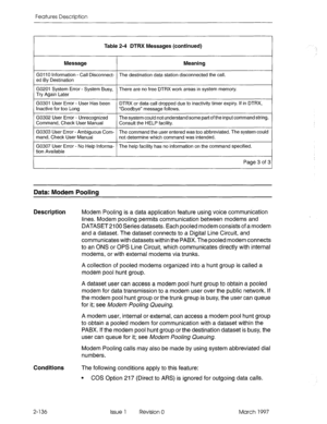 Page 176Features Description 
Table 2-4 DTRX Messages (continued) 
Message Meaning 
GO11 0 Information - Call Disconnect- The destination data station disconnected the call. 
ed By Destination 
GO201 System Error - System Busy, There are no free DTRX work areas in system memory. 
Try Again Later 
GO301 User Error - User Has been DTRX or data call dropped due to inactivity timer expiry. If in DTRX, 
Inactive for too Long “Goodbye” message follows. 
GO302 User Error - Unrecognized The system could not understand...